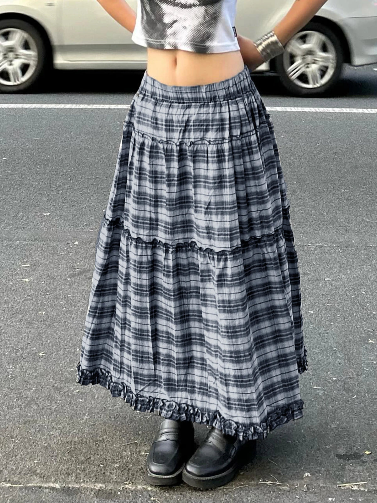 Cyflymder  Women's Harajuku Style Plaid Skirt - Y2K Vintage Low Rise Chicly Long Skirt Ruched Patchwork Detail Slim Fashion Loose Fit Skirt