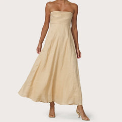 Cyflymder  Women Tube Maxi Dress Ruched Strapless Bodice A Line Long Dress Elegant Lady Sleeveless Flowy Summer Sundress