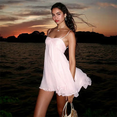 Cyflymder  Solid Camisole Chiffon Mini Dress Women Fashion Ruched Strapless Spaghetti Straps Backless A-line Holiday Party Outfits Clubwear