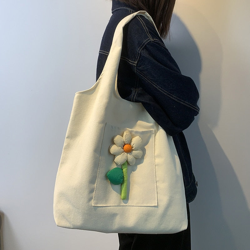 Cyflymder New Women's Canvas Bag Large Capacity Shoulder Bags Literary Flower Decoration Handbags Luxury Shopping Bag Personalized Design