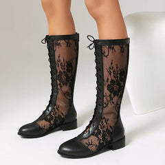 Cyflymder   Summer Knee High Lace Mesh Sandals Boots for Women Fashion Sandalias Booties Lace Up Square Heels Shoes Woman WSH5596