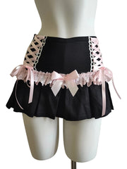 Cyflymder   Cute Pleated Skirts for Sweet Girls High Waist Lace Trim Pink Bow Lolita Style A-line Mini Shorts Skirt Summer