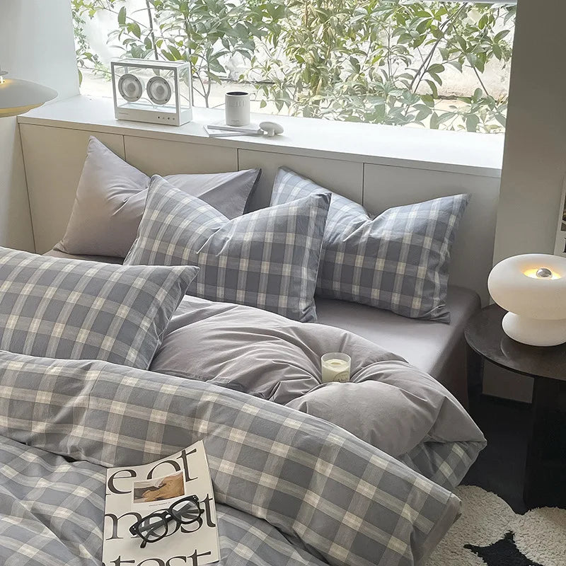 Cyflymder  Striped Gird Pure Cotton Bedding Set Skin-Friendly Non Fading Bed Linens for Home Dorm Single Double Quilt Sets for Four Seasons