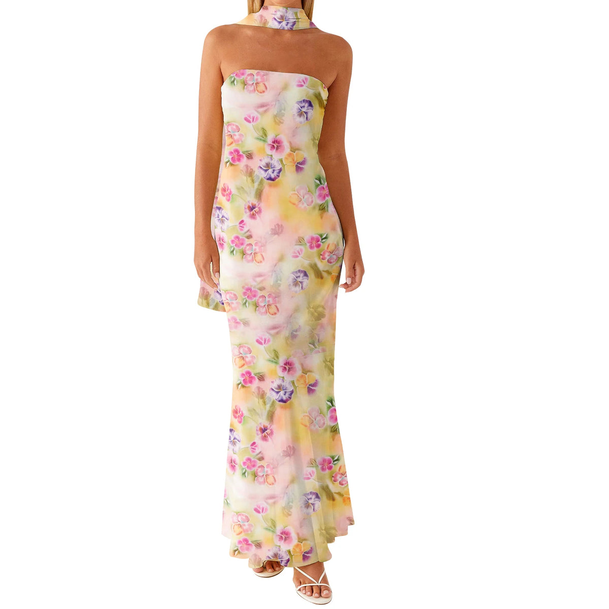 Cyflymder  Elegant Floral Print Strapless Maxi Dress with Ruffle Detail and Matching Headscarf for Women