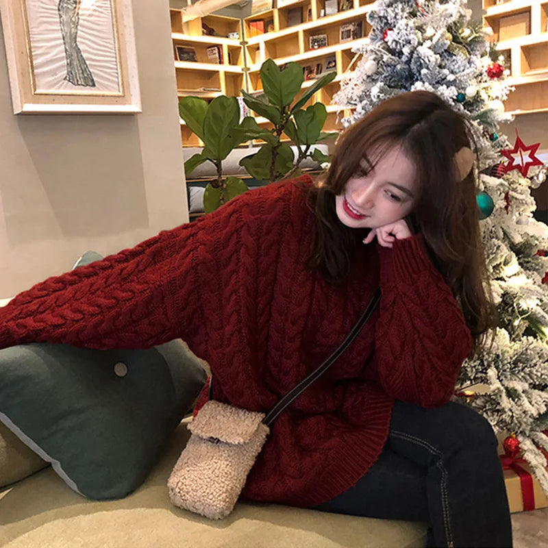 Cyflymder  Korean Thicken Knitted Sweater for Women Long Style Vintage Loose Red Outwear Pullover