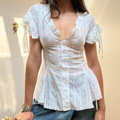 Cyflymder  Casual White Sheer White Striped Petal Sleeve Blouse Women Slimming A-line V-neck Elegant Shirts Summer Woven Tops