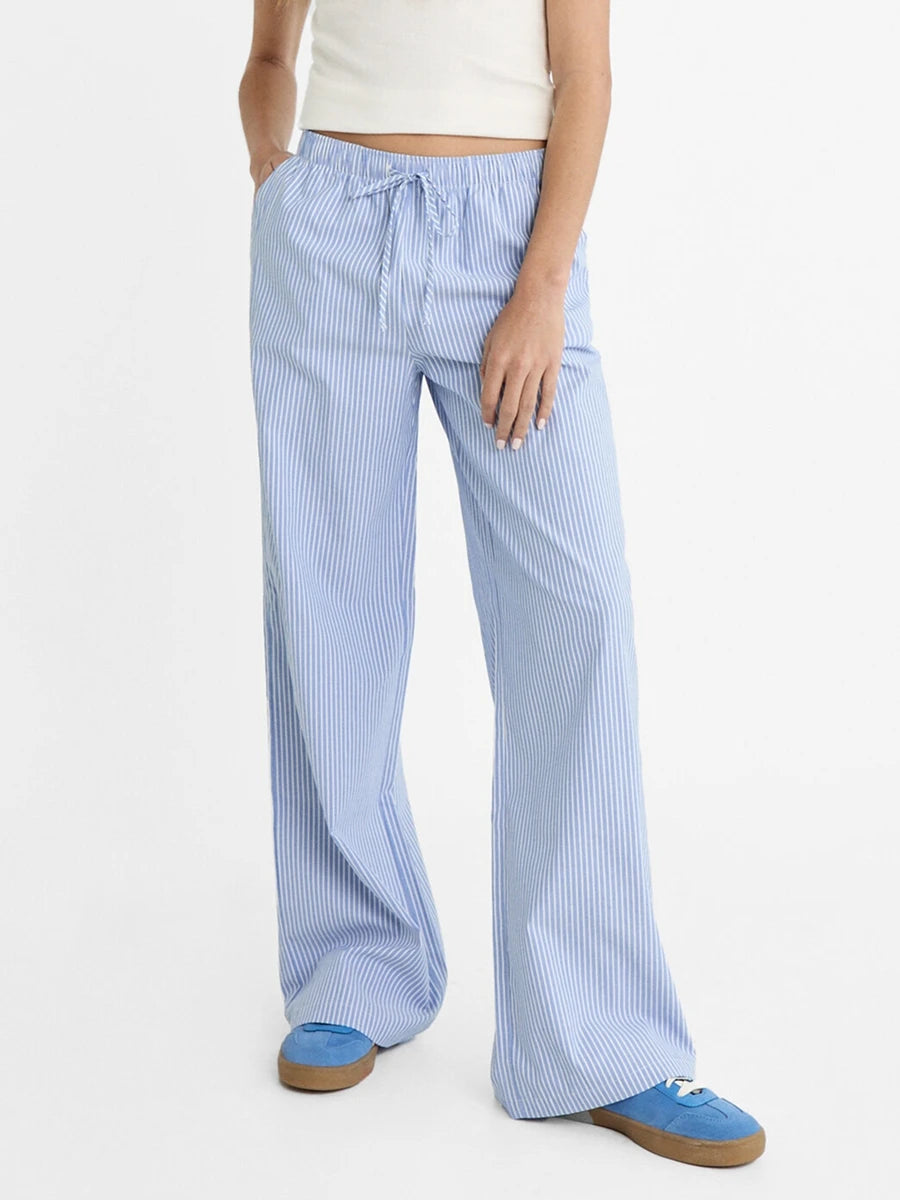 Cyflymder  Summer Women Oversize Casual  Striped Print Long Pants Drawstring Elastic Waist Loose Straight Pants with Pockets Streetwear