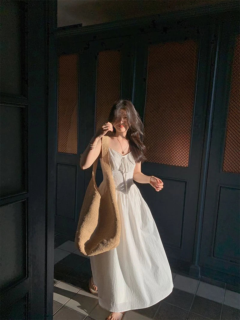 Cyflymder  Fairy White Midi Dress Women Fashion Vacation Beach Spaghetti Strap Dresses Summer Korean V Neck Lace Up Bodycon A Line Vestidos