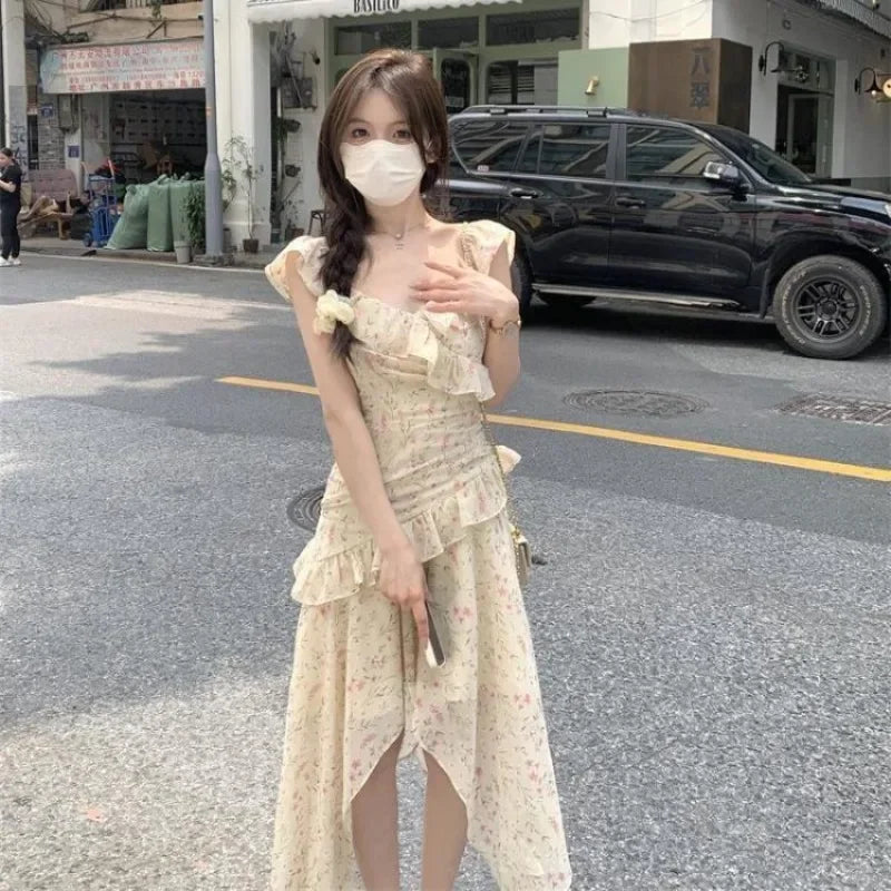 Cyflymder  Women Dresses Irregular Ruffles Floral Printed Sleeveless Holiday Spring Summer Sweet Elegant Dress Party Backless