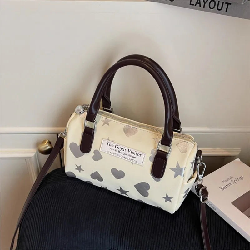 Cyflymder  Harajuku Style Heart Star Print Canvas Bag Women Sweet Cute Boston Bag Ladies Versatile Fashion Trendy Handbag Y2k Aesthetic New
