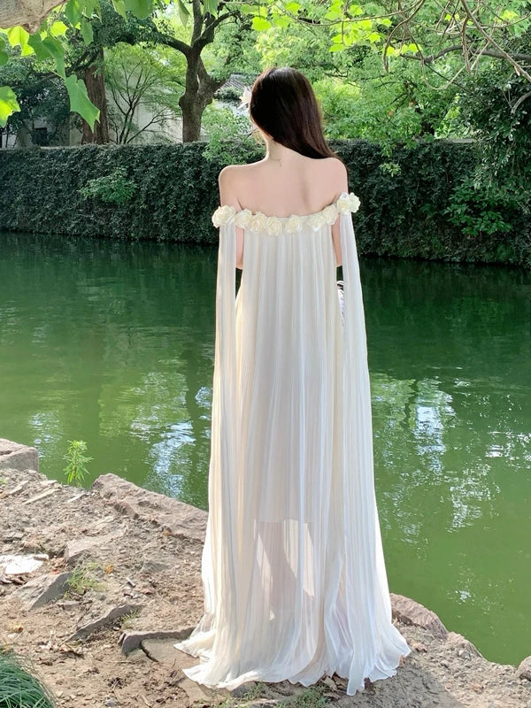Cyflymder  One-shoulder Dr with 3D Floral Embroidery Beach Vaion Long White Gown Morning Robe Ceremony Dress