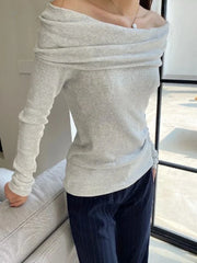 Cyflymder  Gray Simple Knitted Long Sleeve T-shirts Women Autumn Soft Cotton Sexy Slash Neck Slim Tees Sweet Streetwear Sweet Tshirts Y2K