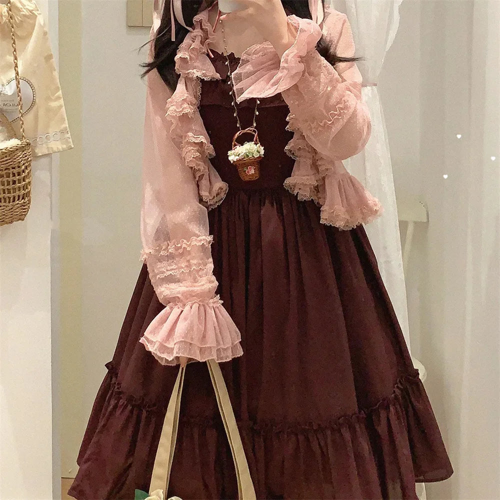 Cyflymder  See Through Long Sleeve Japanese Shrugs Autumn Mesh Ruffle Sweet Cropped Jacket Thin Air Conditioning Shirt Short Sun Protection