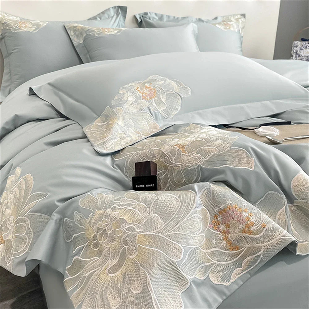 Cyflymder High-End Floral Embroidery Green Red Bedding Set Luxury Egyptian Cotton Solid Duvet Cover Flat or Fitted Bed Sheet Pillowcases