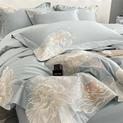 Cyflymder High-End Floral Embroidery Green Red Bedding Set Luxury Egyptian Cotton Solid Duvet Cover Flat or Fitted Bed Sheet Pillowcases