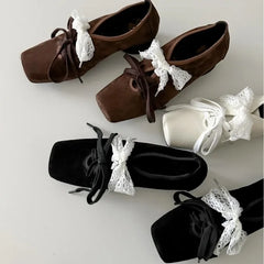 Cyflymder  French Style Low Heel Mary Jane Shoes for Women Fashion Faux Suede Lolita Square Toe Lace Up Chunky Heel Casual Designer Shoes