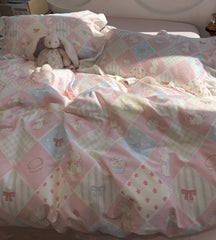 Cyflymder  Cute sweet pink blue rabbit bow cake bedding set,twin full queen lovely kawaii cotton home textile sheet pillow case quilt cover