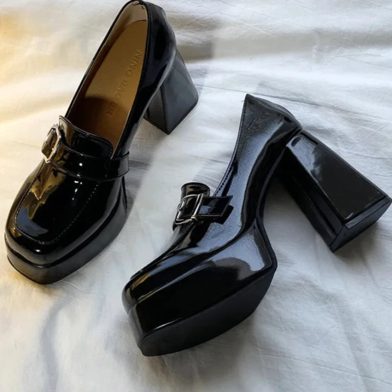 Cyflymder Heels Lolita Shoes Chunky Platform Shoes Loafers Heel Patent Leather Slip On Casual Shoes Women Lady Office Shoes Black Heels