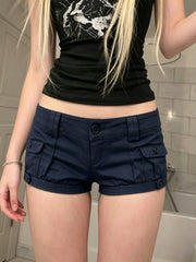 Cyflymder  Women’s Low Rise Navy Cargo Denim Shorts Y2K Streetwear Slim Fit Fold Hem Button Pocket Hot Shorts Casual Clubwear Summer Shorts
