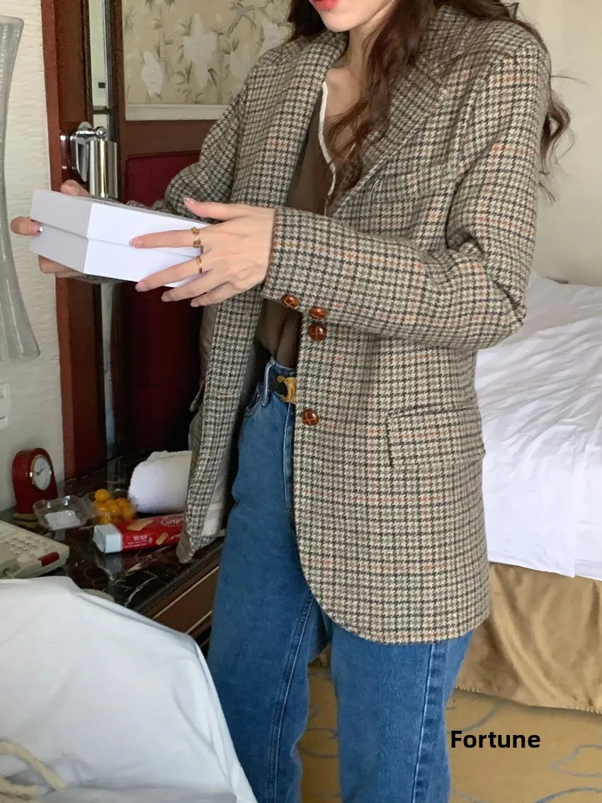 Cyflymder  Retro Briti Sle Plaid Woolen Coat Women's Chic Lapel Single Button Suit Jaet Trendy Mid-Length Long Sve Busin Wear