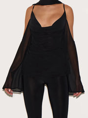 Cyflymder  Elegant Off Shoulder Blouse with Scarf and Zipper Detailing Stylish Cowl Neck Long Sleeve Shirt for Chic Night Outfits