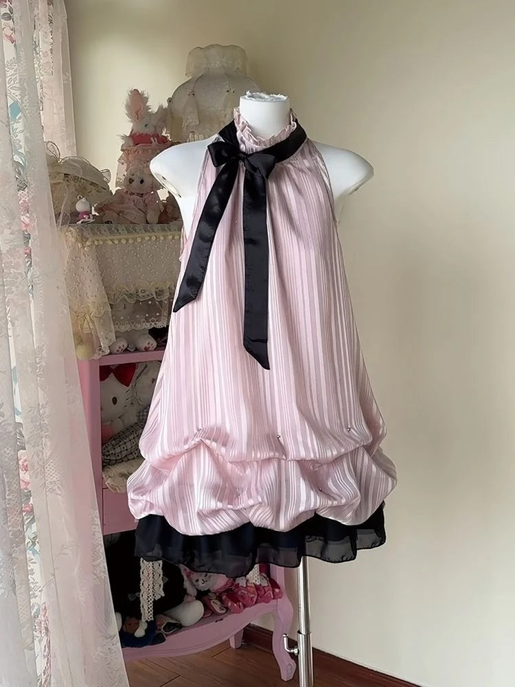 Cyflymder   Sweet Pink Halter Neck Bow Vintage Dress Women Japanese Fashion Sleeveless Ruffle Bubble Lovely Dresses New Slim Elegant Clothes