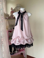 Cyflymder   Sweet Pink Halter Neck Bow Vintage Dress Women Japanese Fashion Sleeveless Ruffle Bubble Lovely Dresses New Slim Elegant Clothes