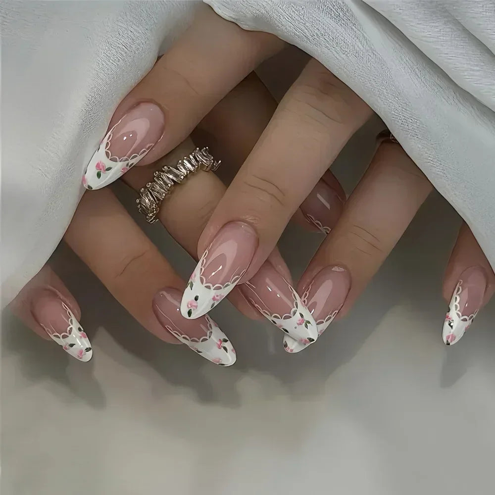 Cyflymder 24Pcs Almond False Nails Cute Strawberries with French Design Simple White Wearable Fake Nails Decoration Press on Nail Tips Art