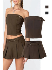 Cyflymder  Retro American Hot Girl Slim Fit Strapl Cinched Waist  A-Line Skirt SetWith Se Inner ortigh Waist Street