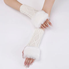 Cyflymder  A Pair Of Women's Knitted Fingerless Gloves With Faux Fur Cuff, Warm Winter Fall For Ladies,  Cable Knit Arm Warmers For Cold