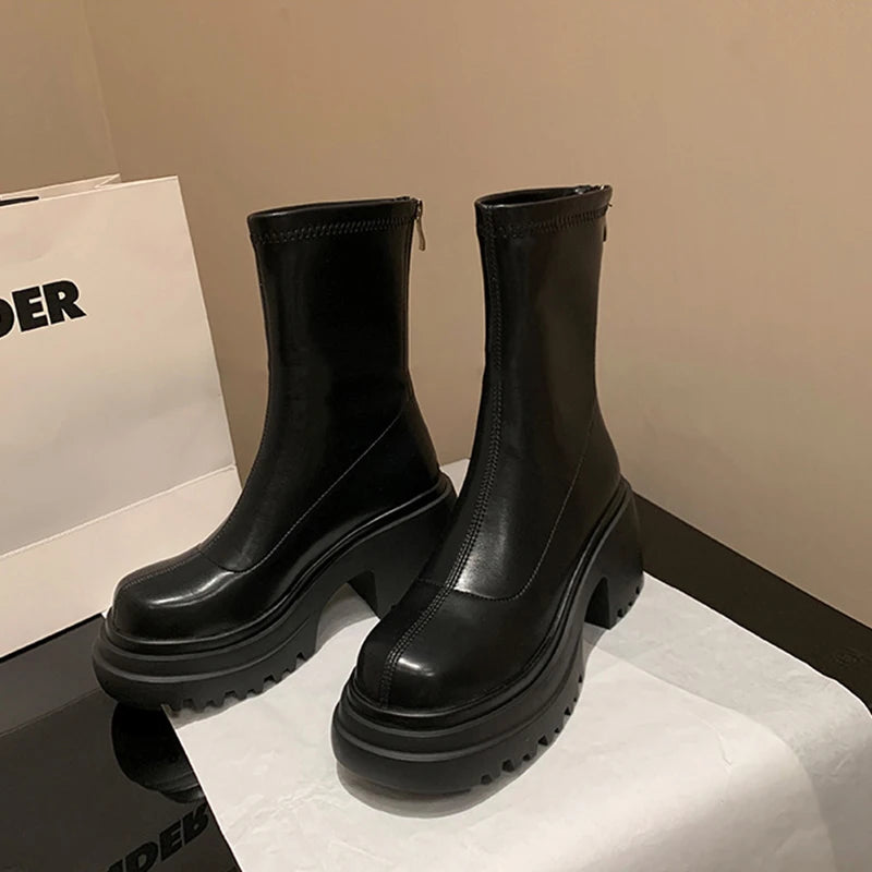 Cyflymder  Platform High Heel Women Ankle Boots Fashion Thick Bottom Elastic Slim Female Short Booties