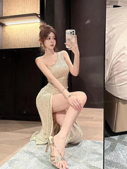 Cyflymder Summer Beige Sexy Club Off Shoulder Sequin High Split Long Dress Women Elegant Backless Birthday Party Evening Prom Dresses