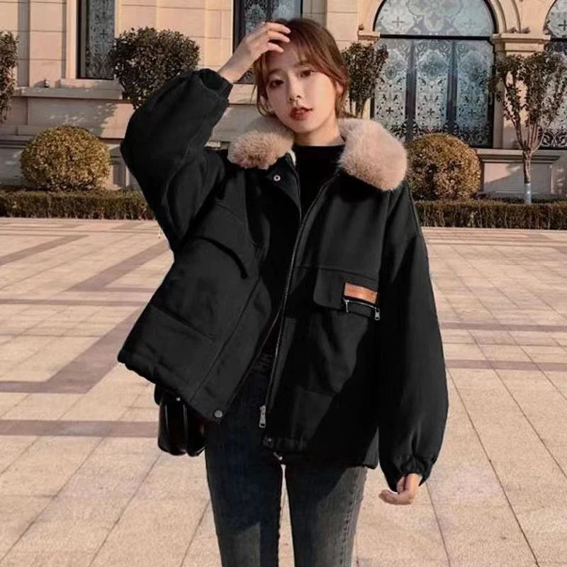 Cyflymder Korean Thick Fleece Women Winter Jacket Fashion Loose Warm Plush Parkas Female Elegant Lapel Zipper Pocket Velvet Coat