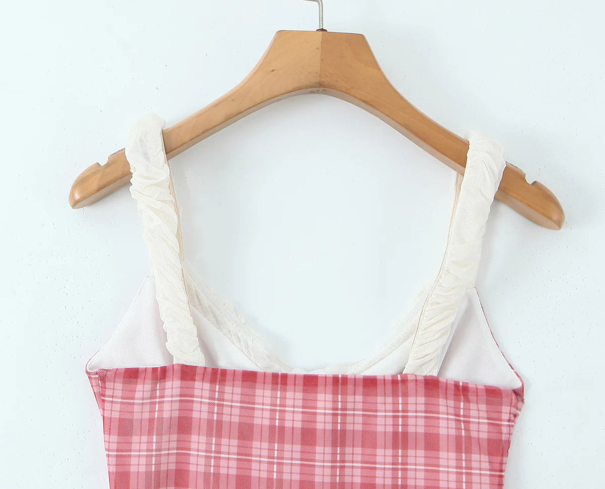 Cyflymder  2 pieces 1 set 2025 Sexy Mesh Plaid Contrast Color Elastic Strap Camisole Tank top + Ruched Low Waist Mini Shorts Skinny Suits