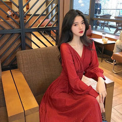 Cyflymder  Autumn Long Sleeved Dress for Women Spring Korean Trendy Slim Fit Slim Shiny V-neck Waist Cinched Light Mature Style Sexy Dress