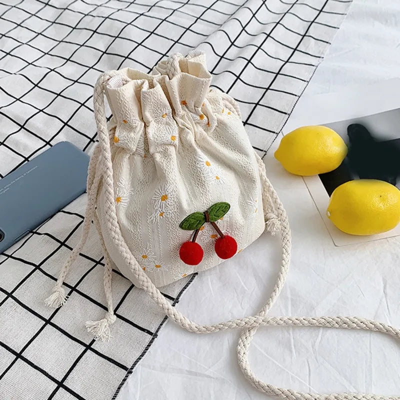 Cyflymder Canvas Cute Cherry Bag 14*18cm Small Kids Bags Single Shoulder Beach Bag New Portable Drawstring Bags Floral Decoration
