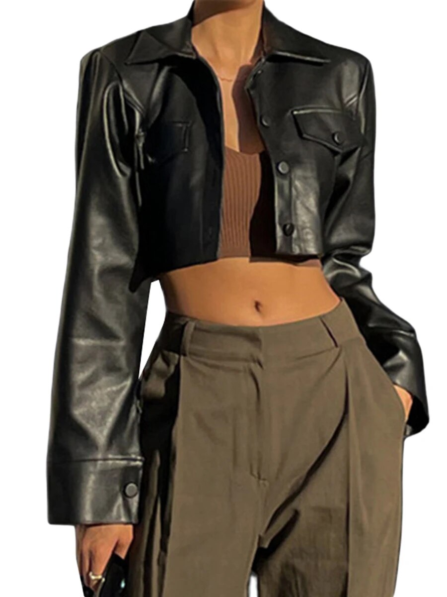 Cyflymder Womens Vintage PU Leather Jacket Coat Windbreaker Faux Fur Jacket Outerwear Coat Motorcycle Y2K 90s Streetwear