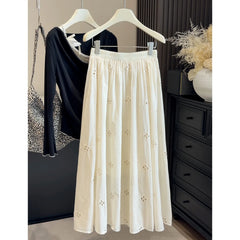 Cyflymder  New Style White Elegant Embroidered Hollow Floral Midi Long Skirt for Women, High Waist Dress