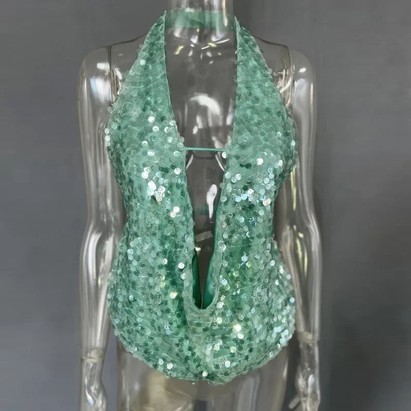 Cyflymder  Sexy Deep V Neck Beach Tank Top Hot Girls Summer Sequins Splicing Sleeveless Top Women Holiday Sexy Backless Camisole