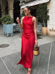 Cyflymder  Summer New Women Sleeveless Dress Fashion Temperament Sexy Silk Satin Texture Solid Color Midi Long Dress Women Elegant