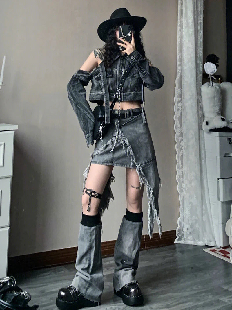 Fashion Women Skirt Set Mini Short Denim Skirt Waist Cape Chain Belt Leg Warmers Grunge Y2K Vintage Streetwear Cyflymder