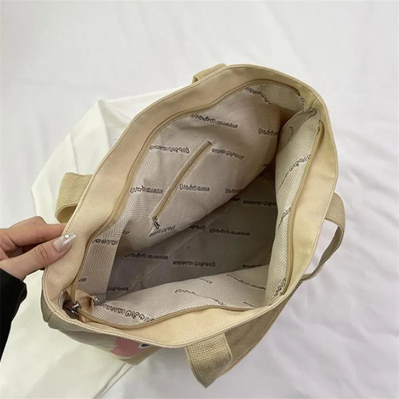 Cyflymder  Letter Printed Tote Bag, Cute Cartoon Canvas Handbag Shoulder Bag, Large Capacity Shopping Bag, Campus Computer School Book Bag
