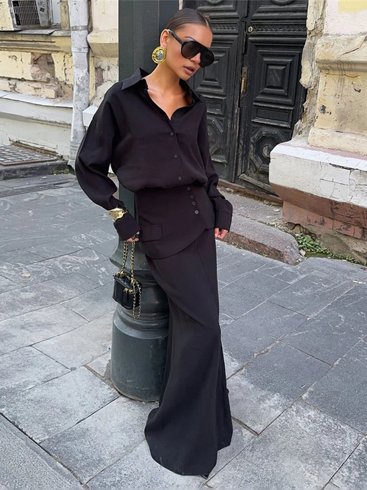 Cyflymder  Women Chic Office 3Piece Set Classic Lapel Loose Blouse+Single Breasted Mini Skirts+Solid Maxi Bottoms Female Streetwear