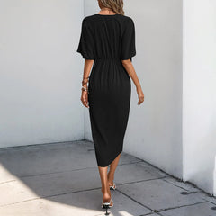Cyflymder  V-neck Irregular Pleated Casual Temperament Short Sleeve Dresses Temperament Commuter Wrap Type Kinky V-neck Dresses ropa mujer