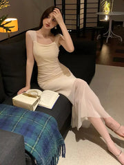 Cyflymder Summer Fashion Women Black Temperament Sexy Club Party Mesh Long Dress Vintage Beige Square Collar Elegant Pleated Slip Sundress