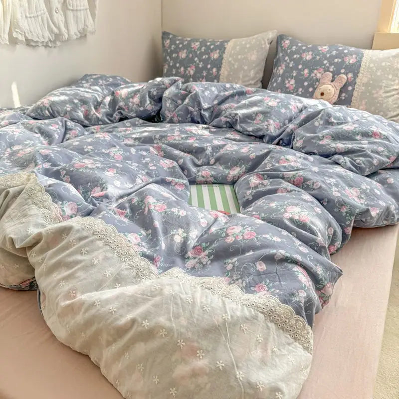 Cyflymder  INS French Style Fresh Floral Lace Trim Four-Piece Set Washed Cloud Cotton Quilt Cover Bed Sheet Dormitory Bed Sheet Sets