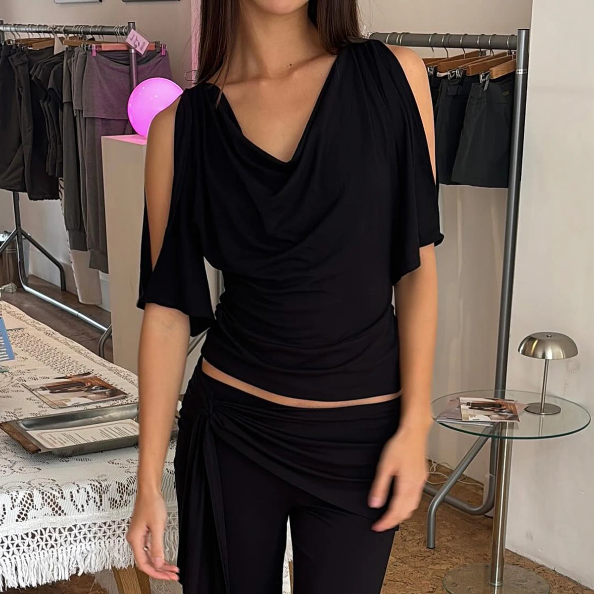 Cyflymder  Women's Elegant Black Cold Shoulder Top with Draped Neckline Ruched Waist Short Flared Sleeves Casual & Chic Crop Clothes