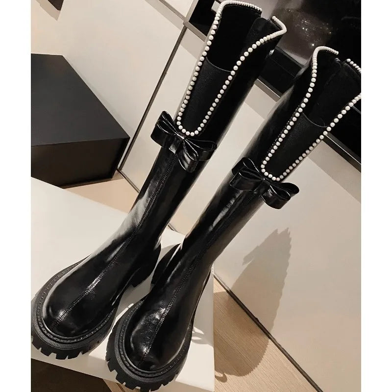 Cyflymder  New Long Boot Women's Fashion High-top Knight Boots for Autumn and Winter 2026，Knee-high V-neck Pearl Bow Women's Shoes