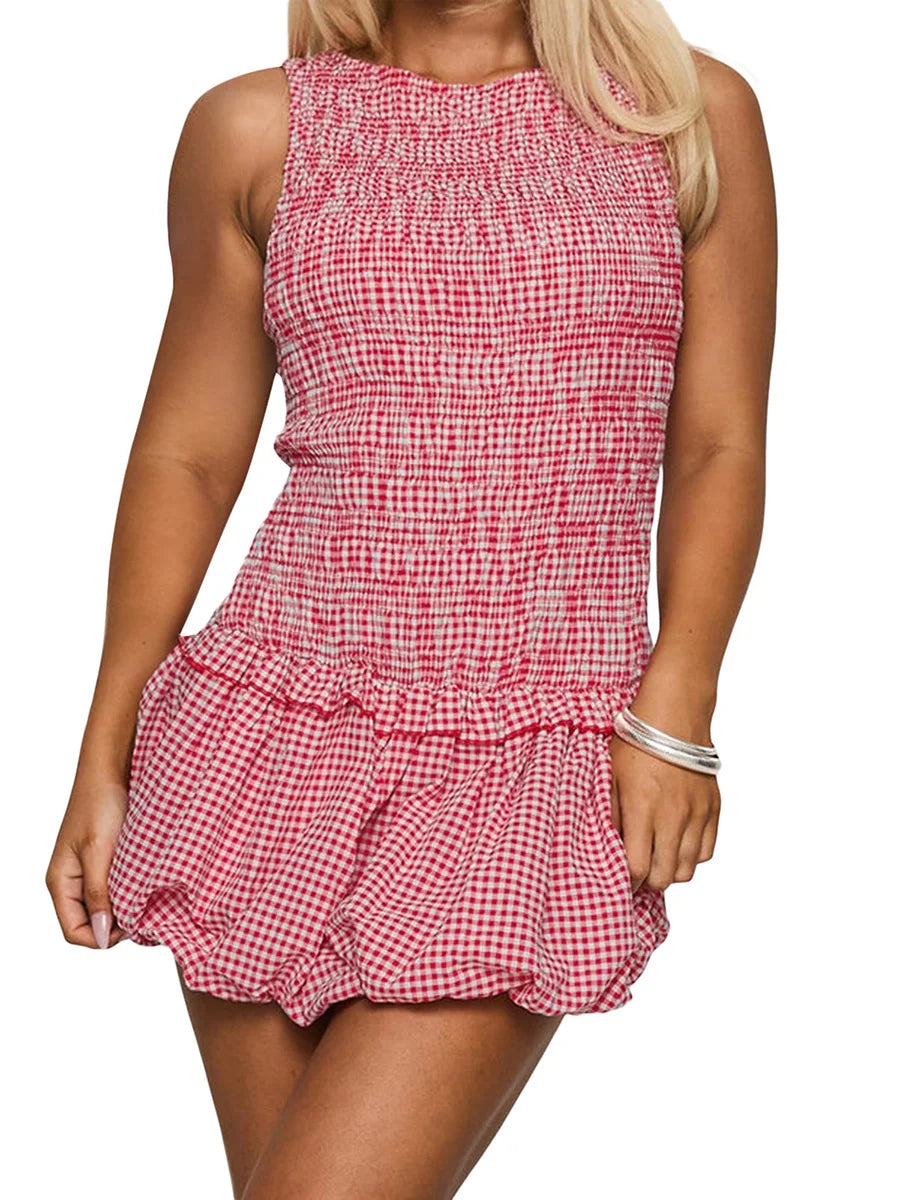 Cyflymder  Elegant Floral Print Sleeveless Dress with Ruffled Hem Perfect for Summer Parties and Beach Club Outings