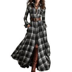 Cyflymder  Ladies' High-end Fashion French Vintage Check Waist-cinching Slimming Asymmetrical Long-sleeved Dress Chic Streetwear Clothes